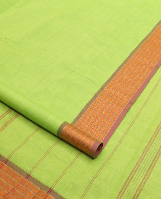 Parrot green plain nine-yard cotton saree, contrast rudraksham and kamalam border, and striped pallu