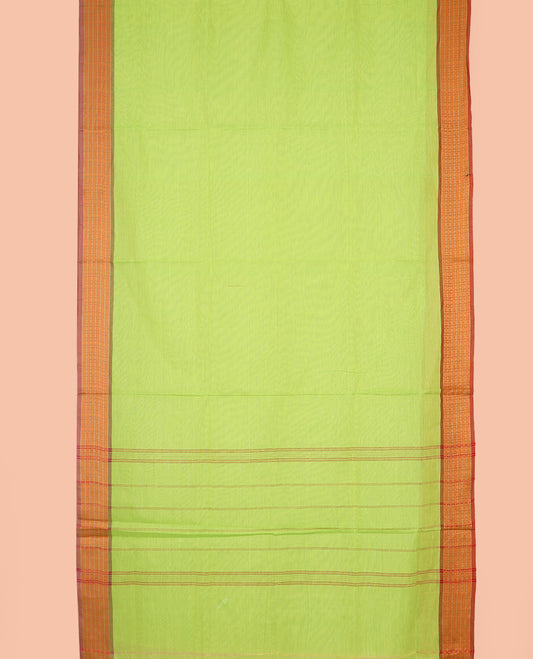 Parrot green plain nine-yard cotton saree, contrast rudraksham and kamalam border, and striped pallu