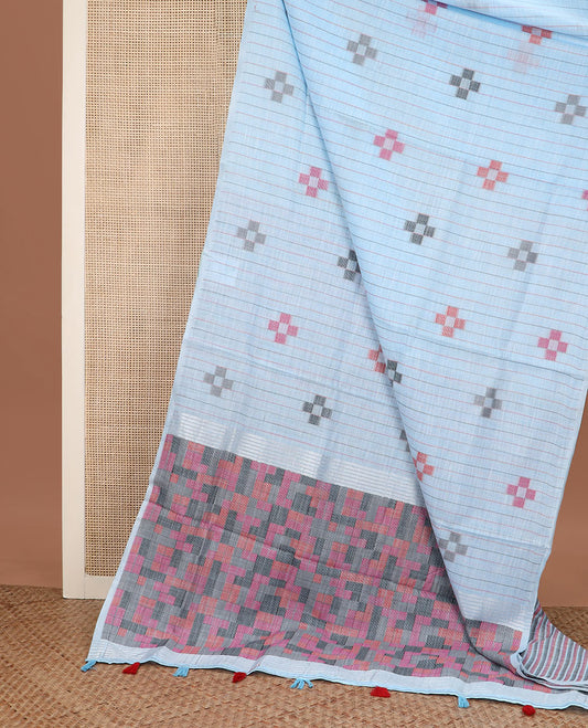 Borderless baby blue striped and geometric buttas cotton saree, contrast geometric maze like printed pallu