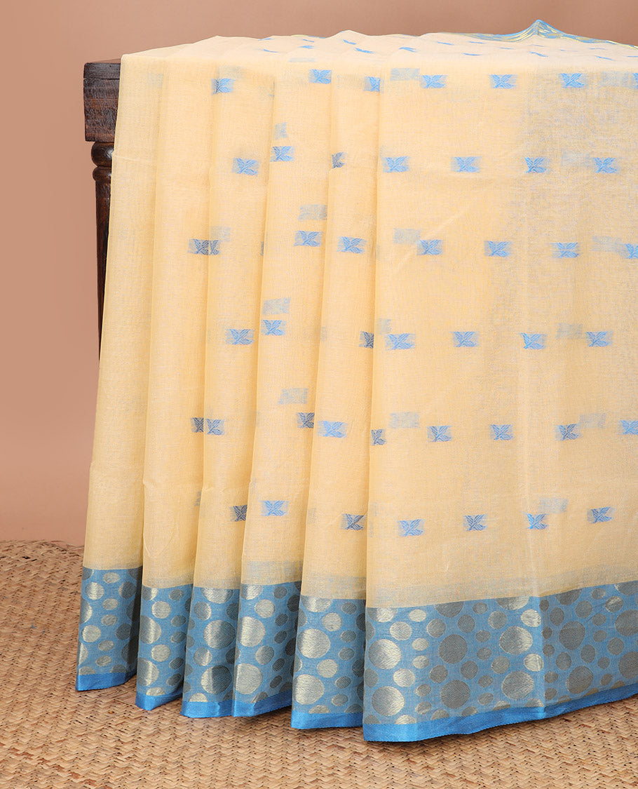 Sandal buttas Bengal cotton saree, contrast polka dotted zari border, and pallu of stripes