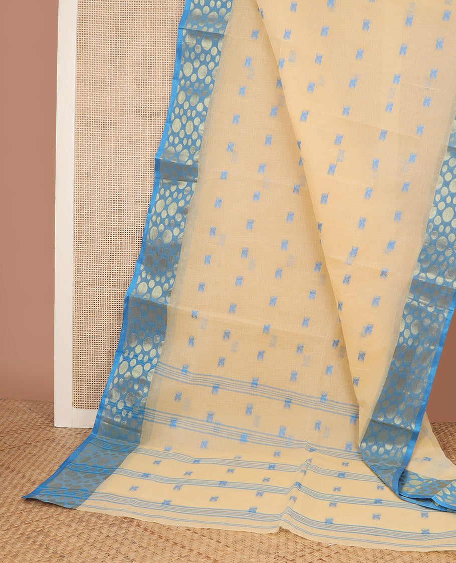 Sandal buttas Bengal cotton saree, contrast polka dotted zari border, and pallu of stripes