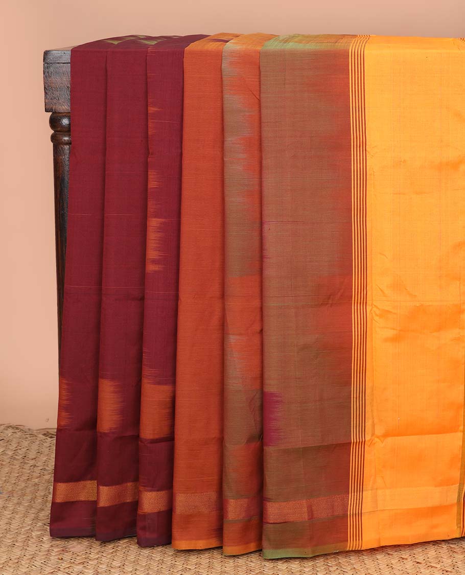 Multi-color ikkat design poly cotton saree, self-border, and contrast striped pallu