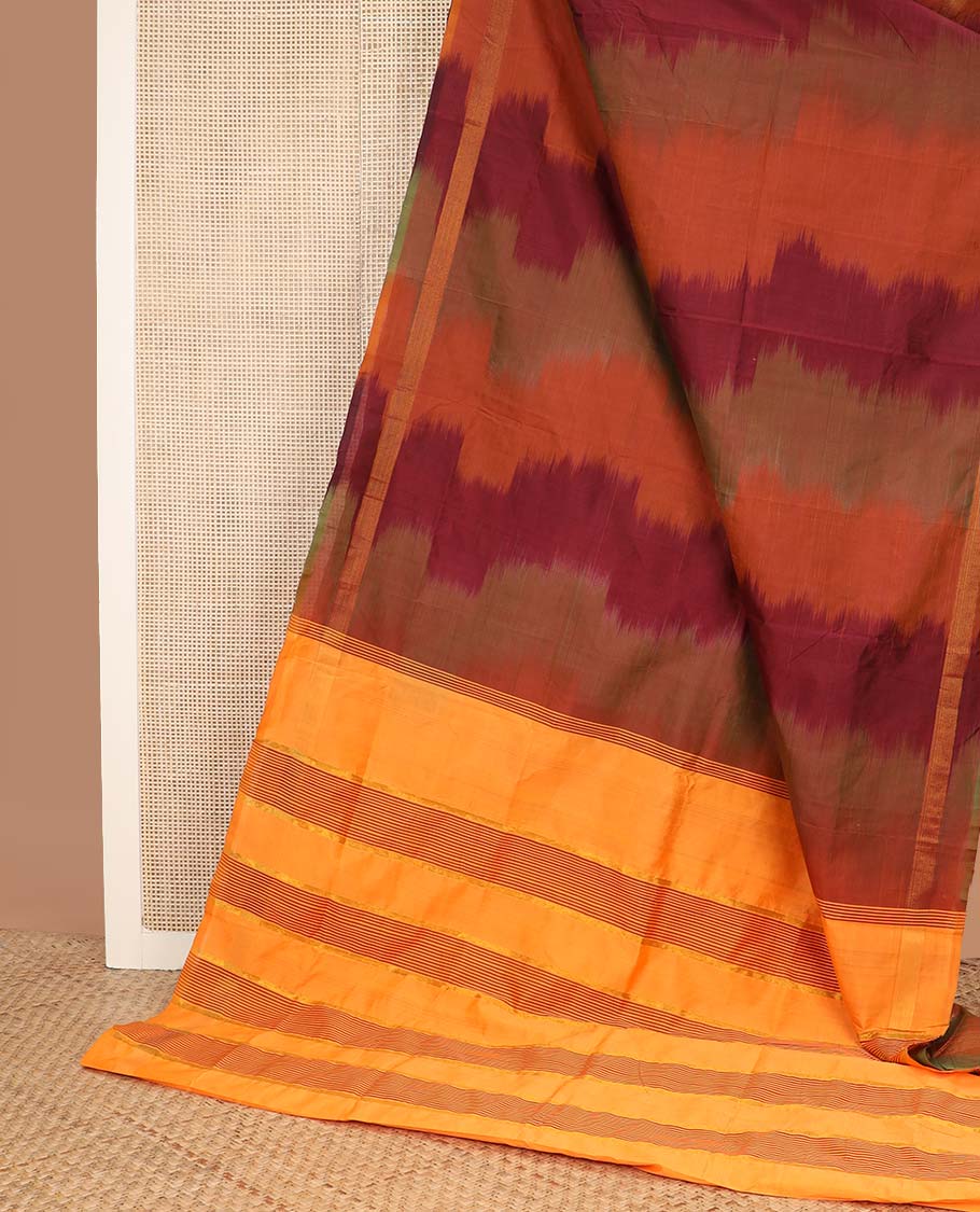 Multi-color ikkat design poly cotton saree, self-border, and contrast striped pallu