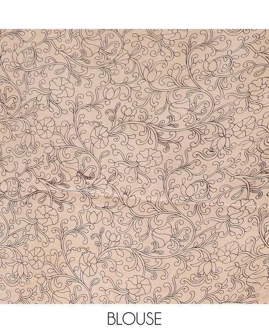 Multi-color floral and bird machine printed kalamkari cotton saree, printed border, and pallu of floral with geometric print