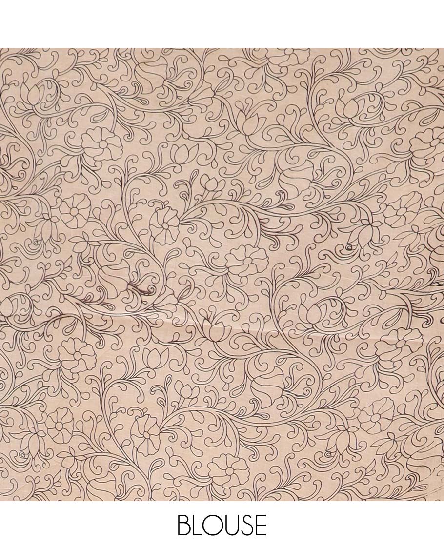 Multi-color floral and bird machine printed kalamkari cotton saree, printed border, and pallu of floral with geometric print