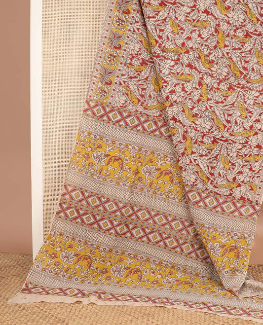 Multi-color floral and bird machine printed kalamkari cotton saree, printed border, and pallu of floral with geometric print