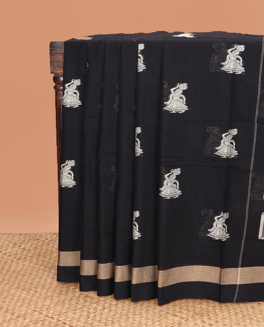 Black Narayanapet cotton saree features women with a pot motifs all over its body, zari border, and pallu mirrors the same body design