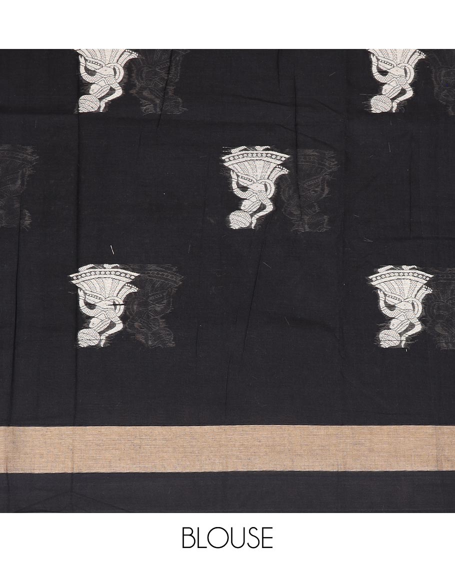 Black Narayanapet cotton saree features women with a pot motifs all over its body, zari border, and pallu mirrors the same body design