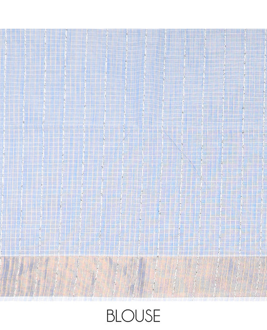 Blue Brown sparesly striped jute cotton saree, bavanji zari border, and striped pallu