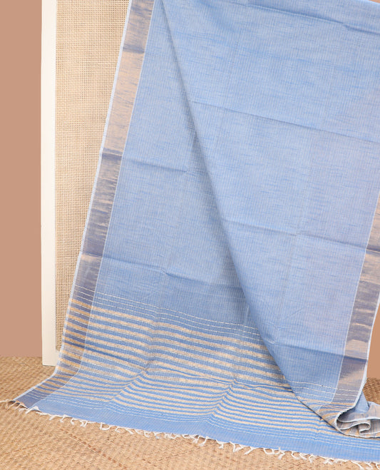 Blue Brown sparesly striped jute cotton saree, bavanji zari border, and striped pallu