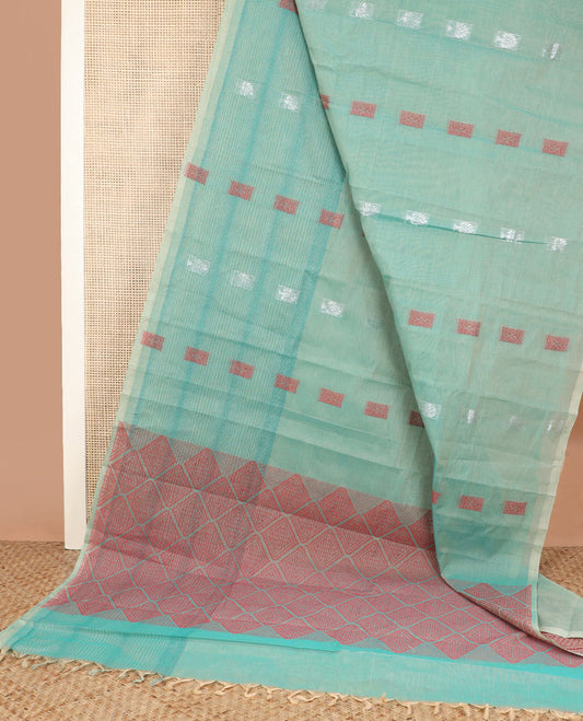 Borderless blue unique buttas kanchi cotton saree, jaal design pallu