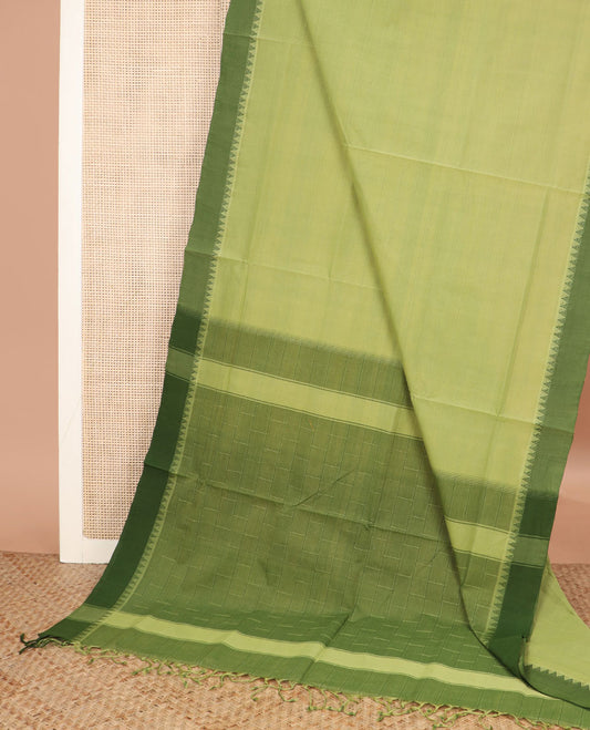 Green striped Andhra cotton saree, contrast temple border, and contrast checked pallu