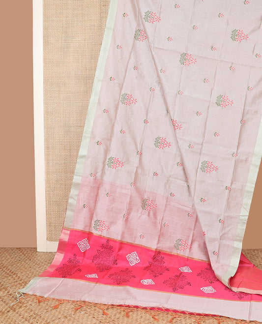 Grey floral embroidered chirala cotton saree, plain border, and contrast printed pallu