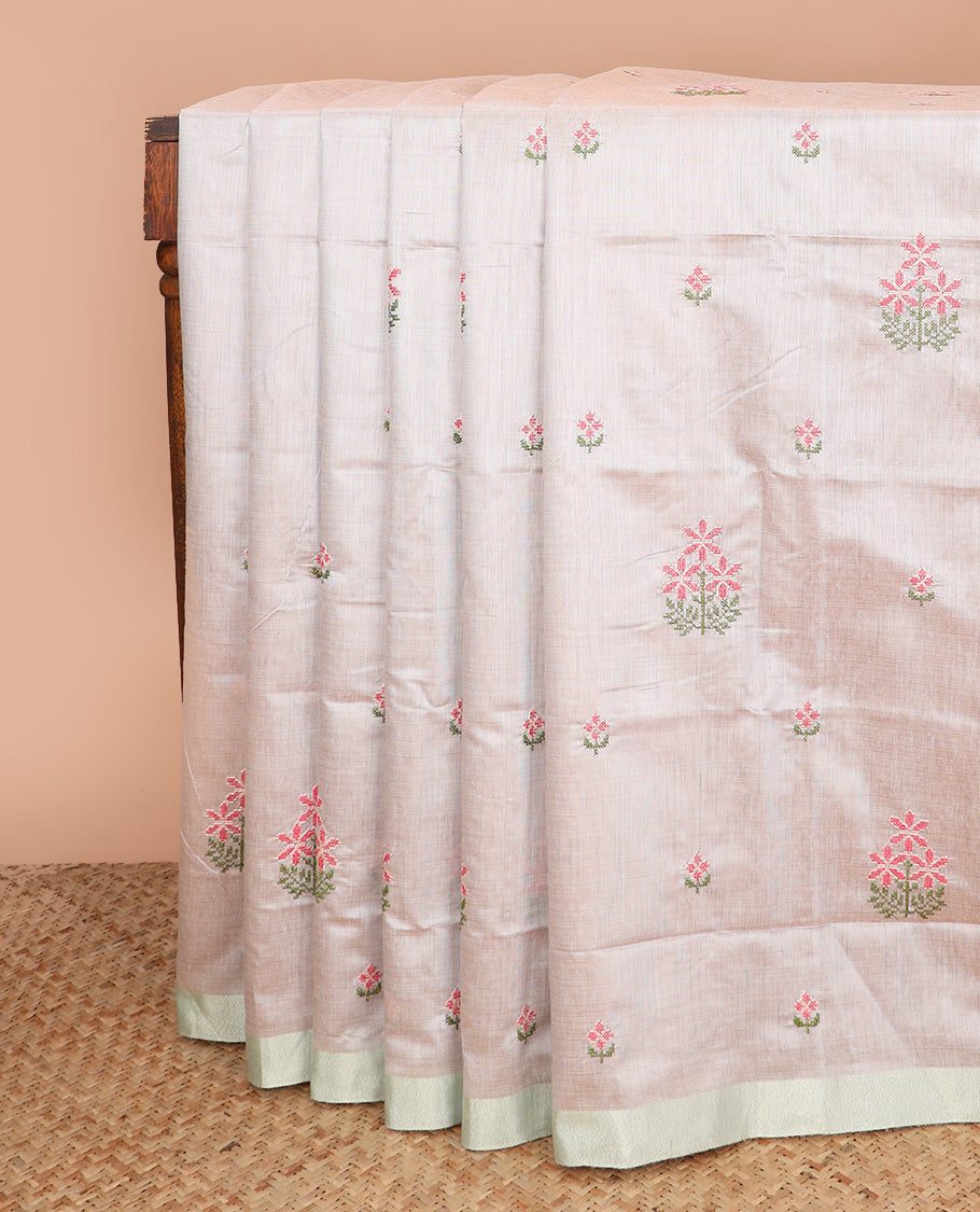 Grey floral embroidered chirala cotton saree, plain border, and contrast printed pallu