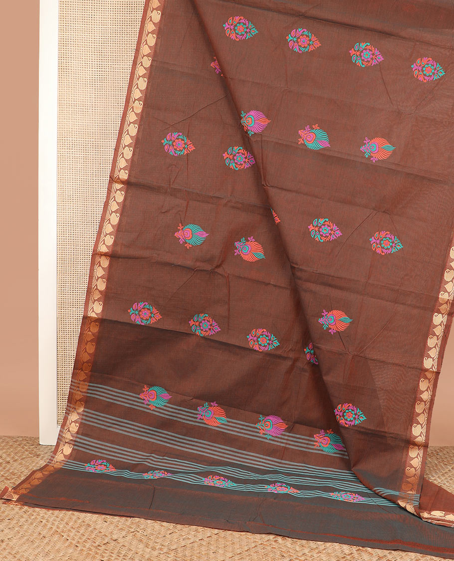 Brown buttas Chettinad cotton saree, paisley design border, and striped pallu