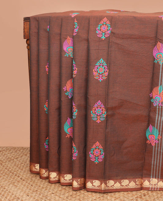 Brown buttas Chettinad cotton saree, paisley design border, and striped pallu