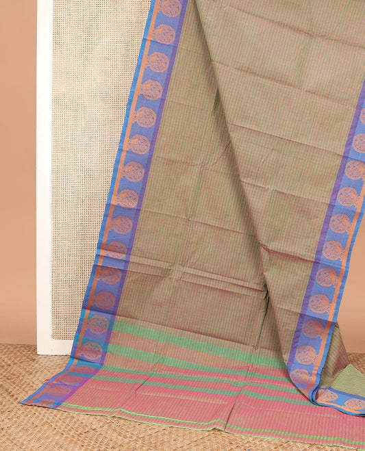 Green checked Chettinad cotton saree, contrast round buttas border, and zari striped pallu