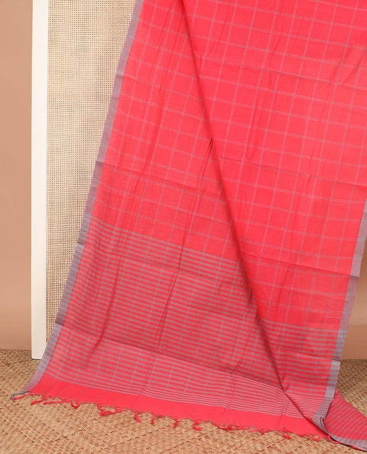 Red checked Mangalagiri cotton saree with contrast striped border, striped pallu, and a contrast kalamkari floral printed blouse