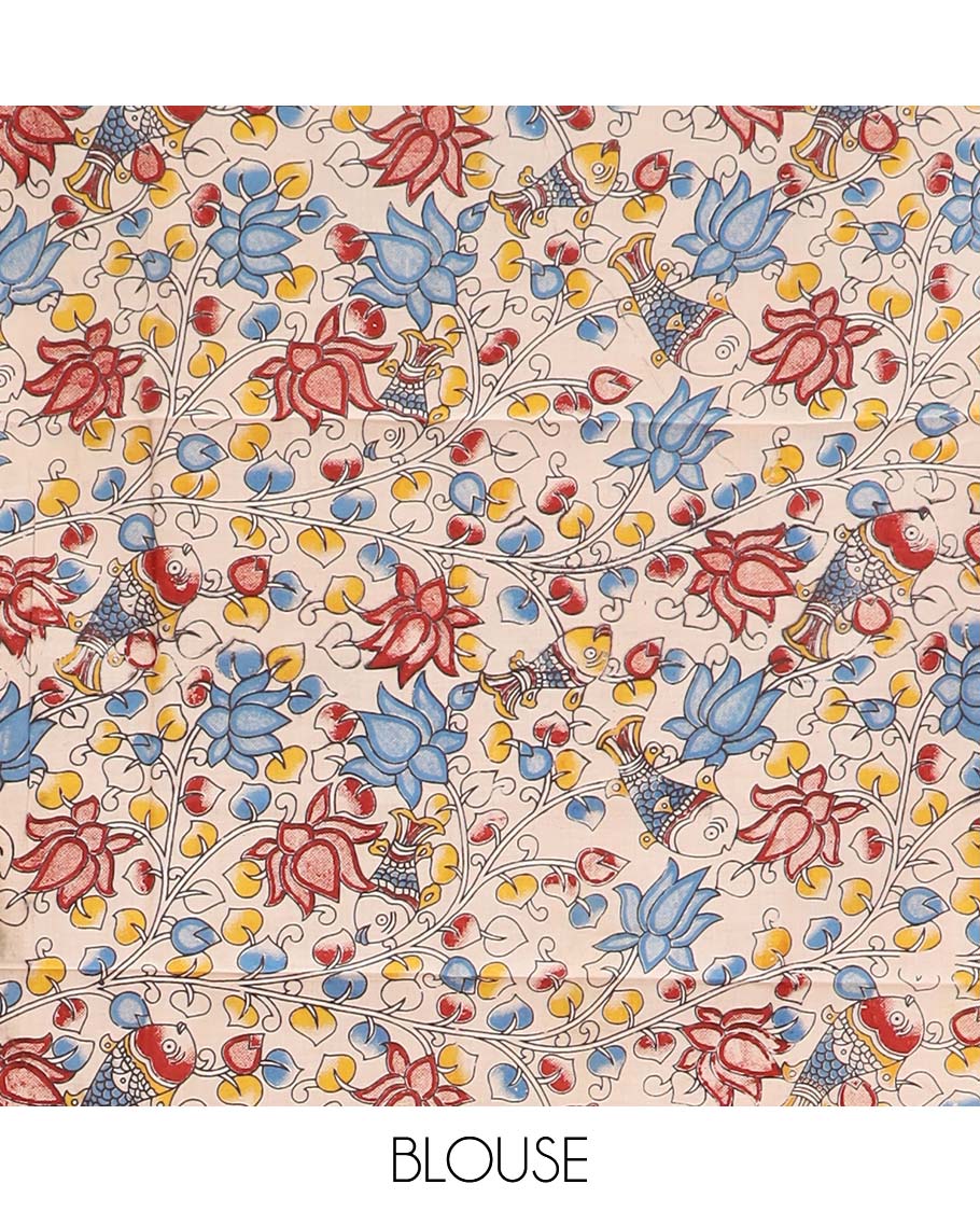 Red checked Mangalagiri cotton saree with contrast striped border, striped pallu, and a contrast kalamkari floral printed blouse