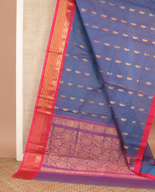 Blue paisley zari buttas Venkatagiri cotton saree, contrast traditional zari border, and floral jaal pallu
