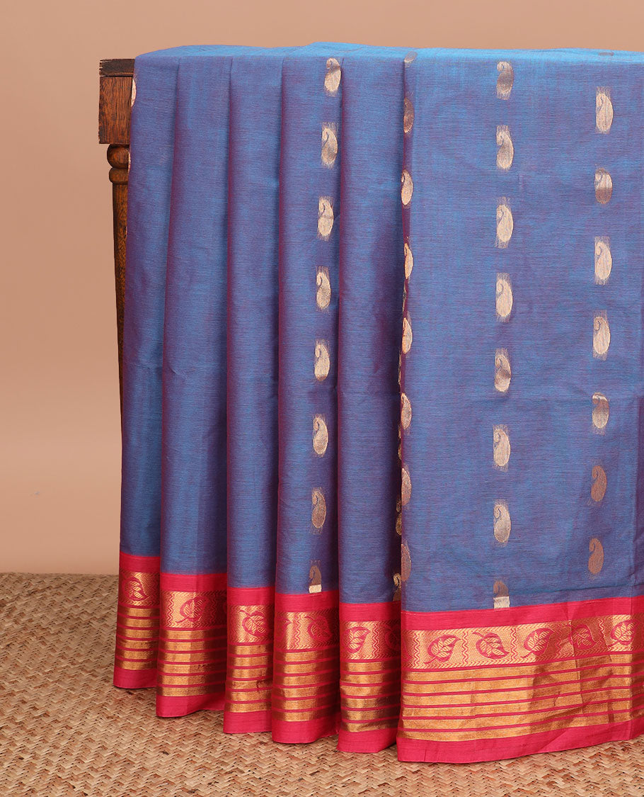 Blue paisley zari buttas Venkatagiri cotton saree, contrast traditional zari border, and floral jaal pallu