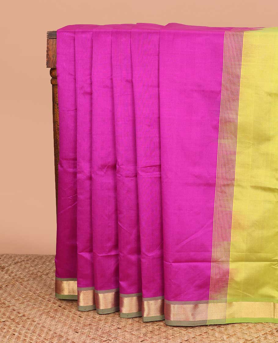 Rani pink plain poly cotton saree, contrast zari bavanji border, and striped pallu