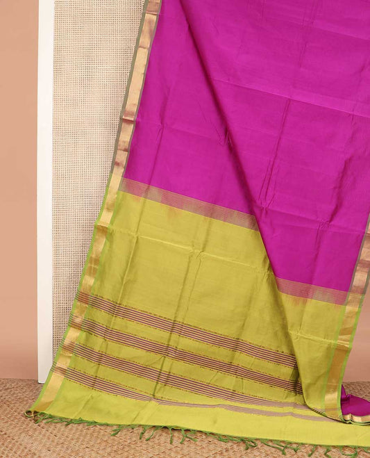 Rani pink plain poly cotton saree, contrast zari bavanji border, and striped pallu