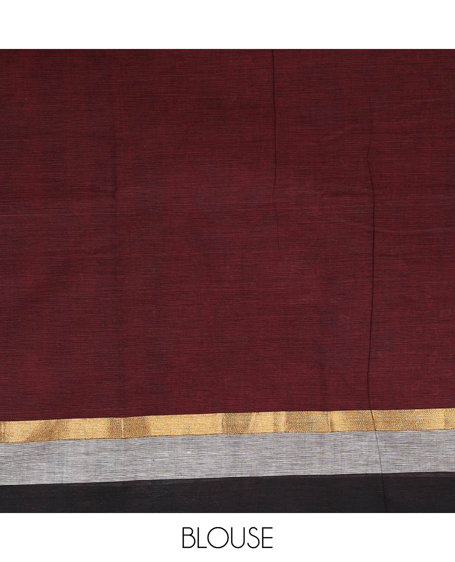 Maroon floral and leaf printed chirala cotton saree, contrast zari border, and pallu of floral print