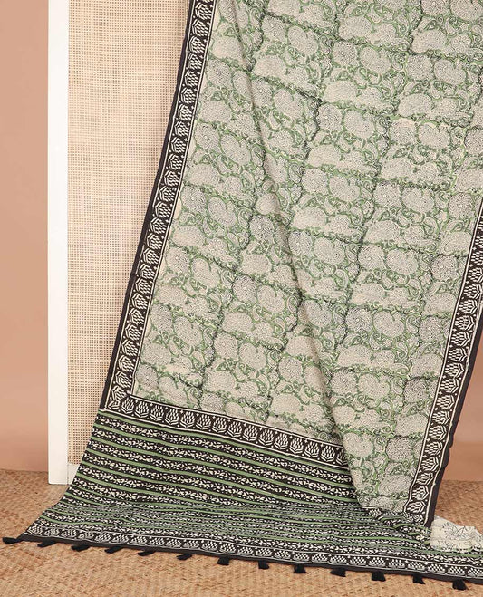 Green paisleys machine-printed Kalamkari cotton saree, contrast printed border, and printed pallu