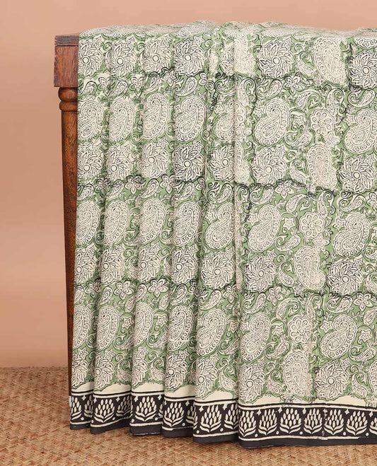 Green paisleys machine-printed Kalamkari cotton saree, contrast printed border, and printed pallu