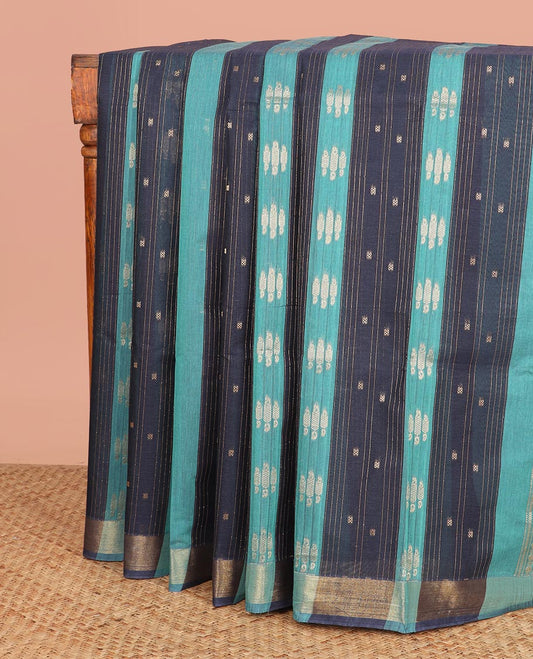 Blue Coimbatore Cotton Saree, Prettified with Stripes and Unique Buttas All Over Its Body, Subtly Zari Border, Complemented by Pallu of Jaal Designs, and Paired with a Contrast Blouse