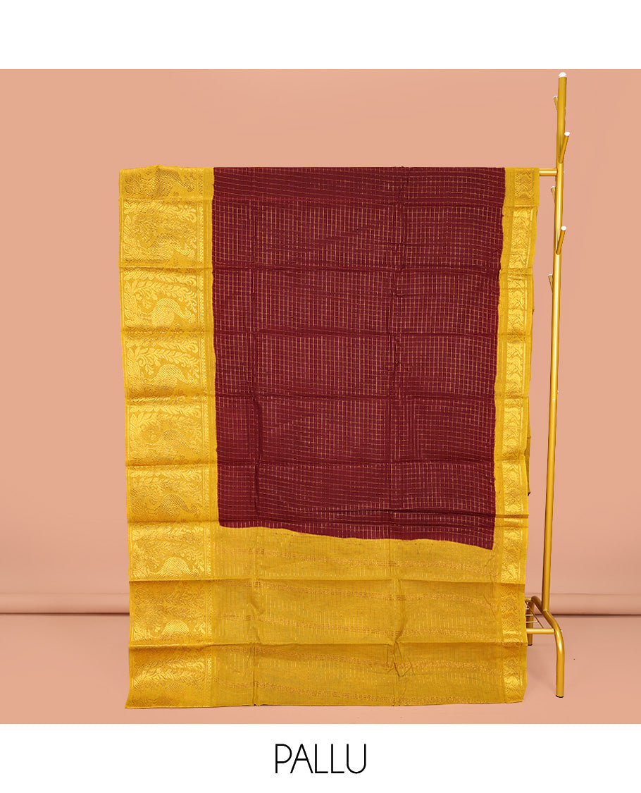 Maroon Sungudi Cotton Saree, Detailed with Zari Checks on Its Body, Complemented by a Contrast Traditional Zari Border of Big Peacocks, Zari-Striped Pallu, and Paired with a Contrast Blouse