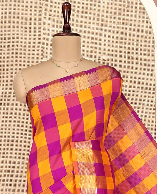 Multi-Color Checked Poly Cotton Saree, Highlighted by Traditional Zari Border, Zari Design Pallu, and Paired with a Matching Blouse