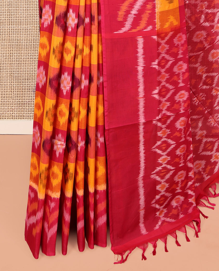 Multi-Color Ikkat Cotton Saree, Accentuated with Butta Enclosed Checks, Complemented by a Contrast Ikkat-Textured Border, Ikkat-Textured Pallu, and Paired with a Contrast Blouse