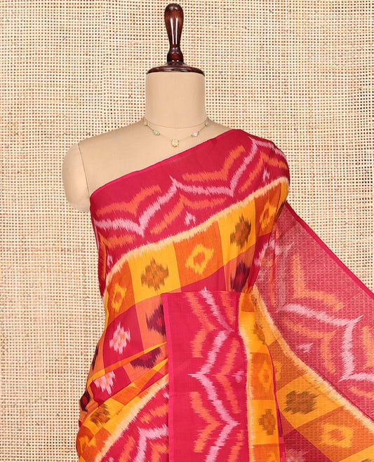 Multi-Color Ikkat Cotton Saree, Accentuated with Butta Enclosed Checks, Complemented by a Contrast Ikkat-Textured Border, Ikkat-Textured Pallu, and Paired with a Contrast Blouse