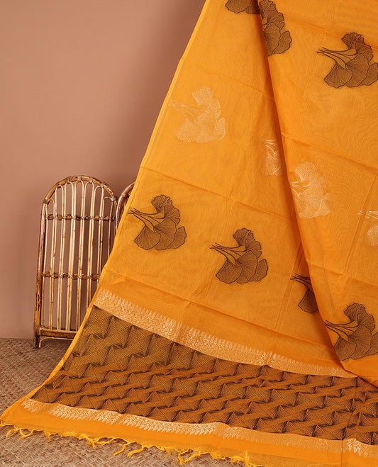 Borderless orange coimbatore cotton saree with buttas, intricately printed pallu