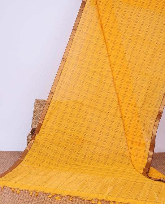 Yellow checked design khadi cotton saree, contrast zari border & traditional zari design pallu