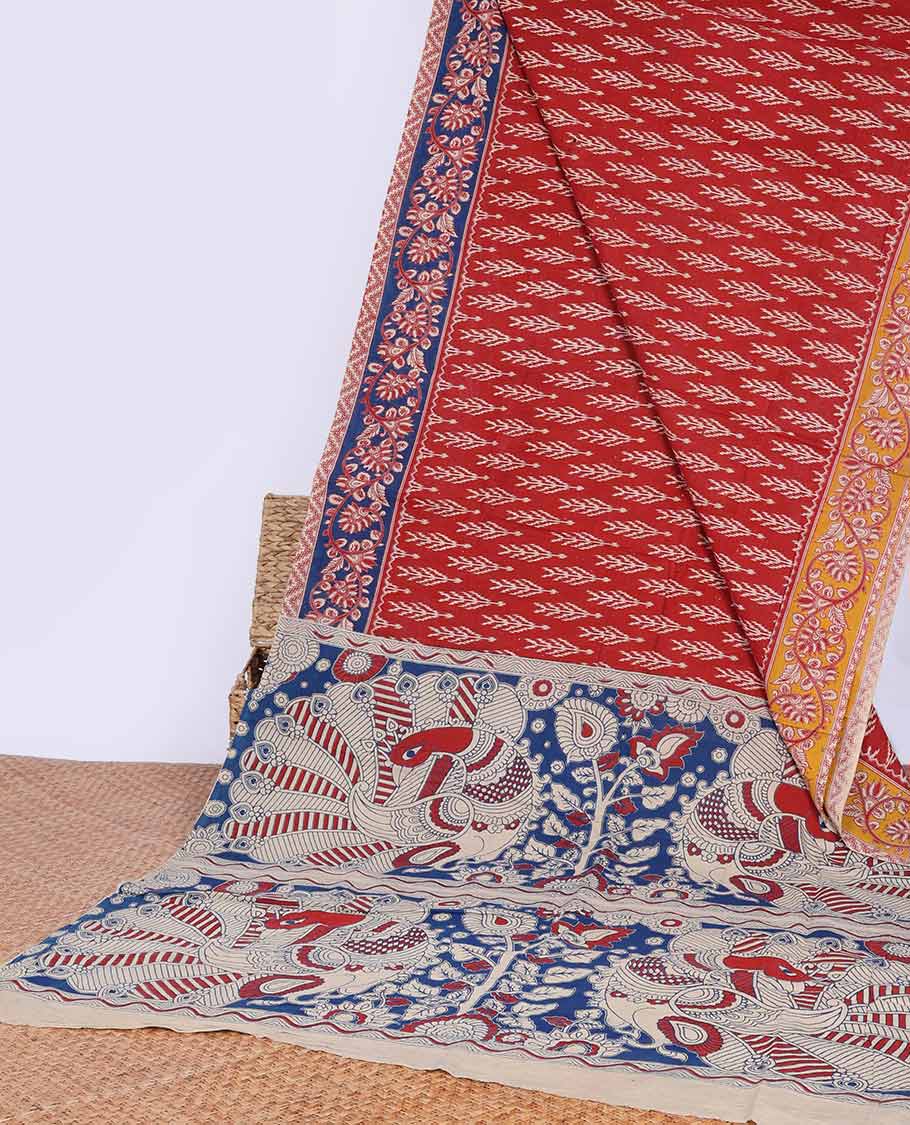 Red motifs machine printed kalamkari cotton saree , contrast intricate border with floral vine & peacock design pallu