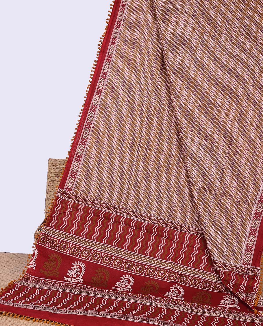 Red argyle design mul mul cotton saree with floral border & intricate design pallu