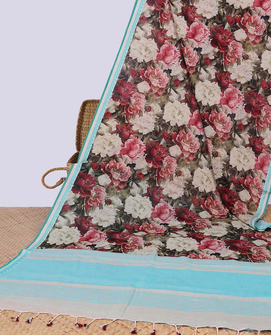Multi-color floral vine design chirala cotton saree with contrast border & striped pallu
