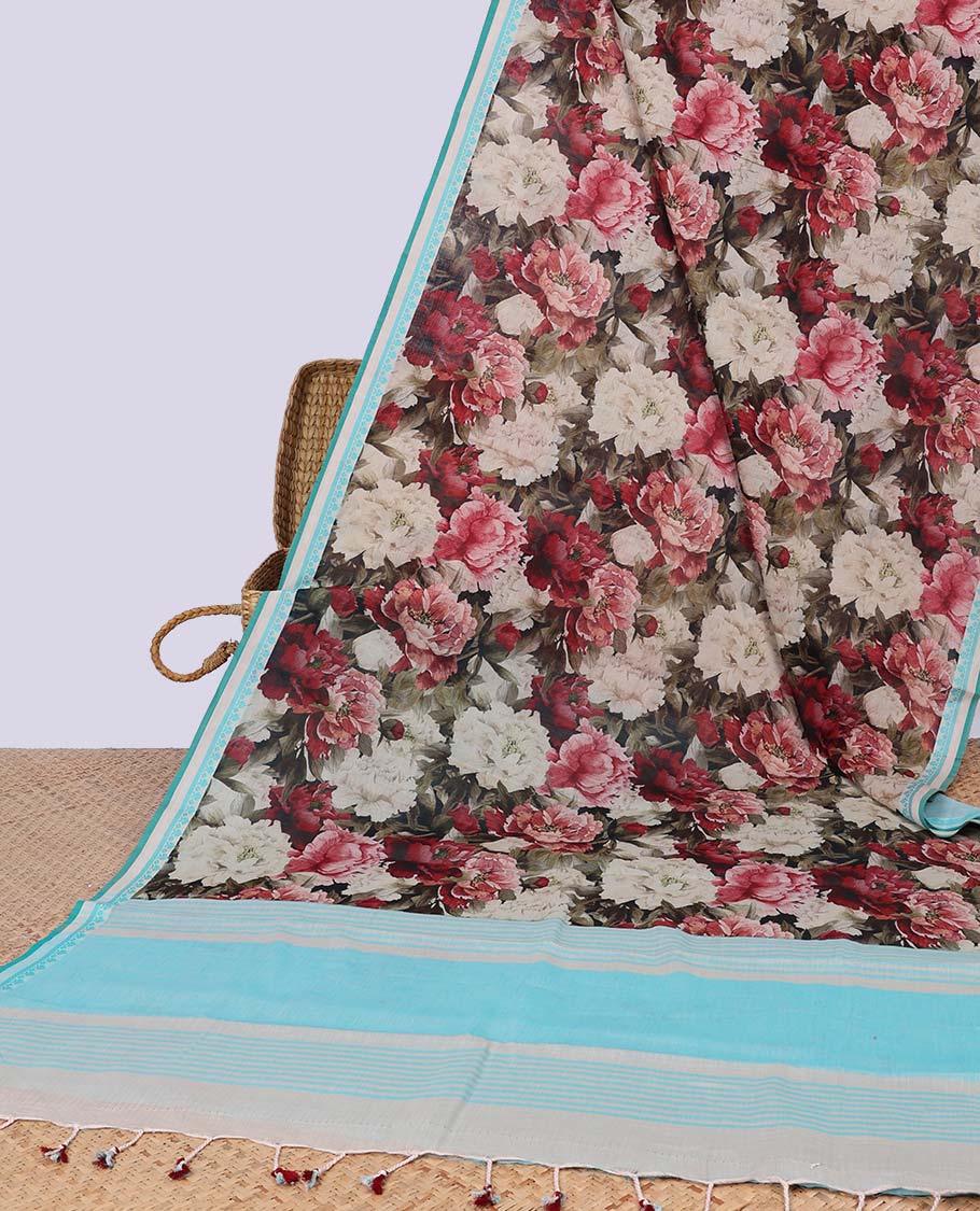 Multi-color floral vine design chirala cotton saree with contrast border & striped pallu