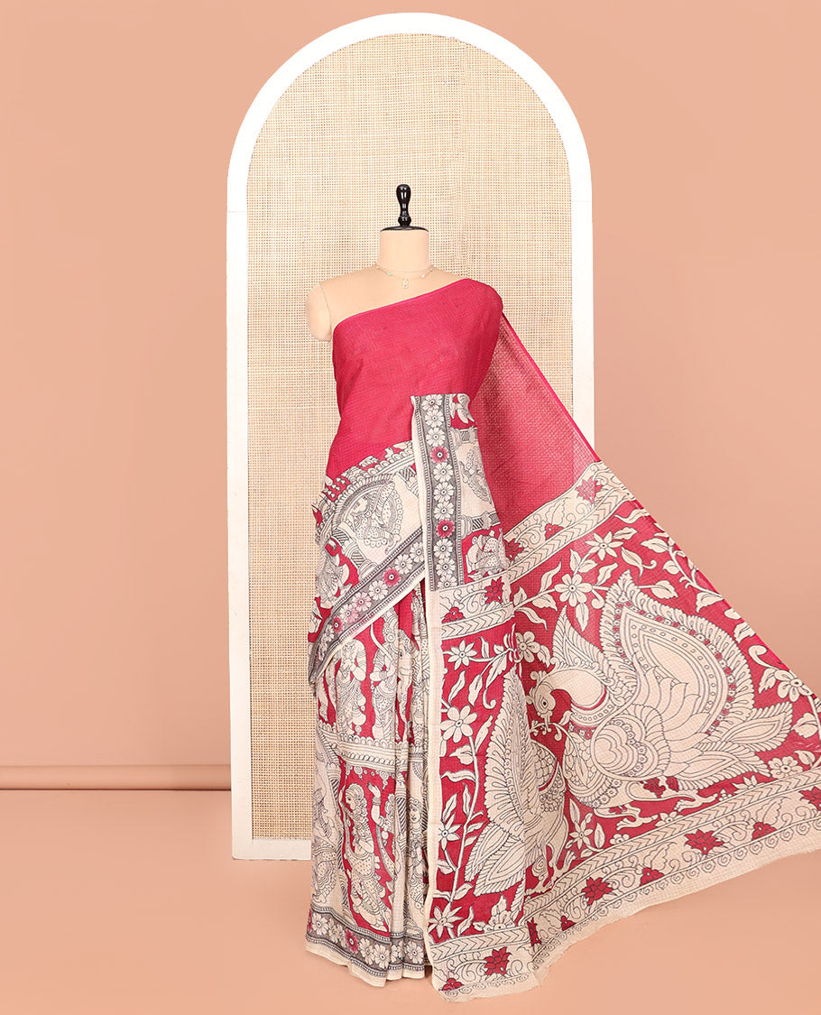 Borderless Pink Kalamkari Cotton Saree, Embellished with Ancient Human Motifs Print, Peacock Pallu, and a Contrast Blouse