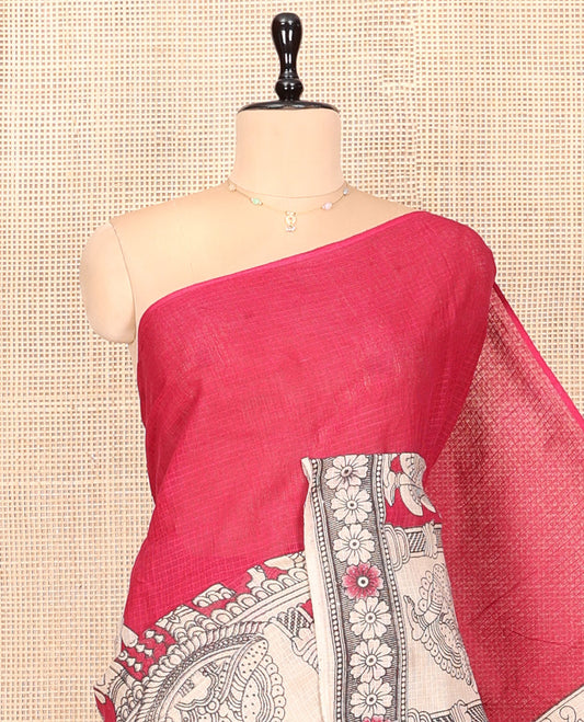 Borderless Pink Kalamkari Cotton Saree, Embellished with Ancient Human Motifs Print, Peacock Pallu, and a Contrast Blouse