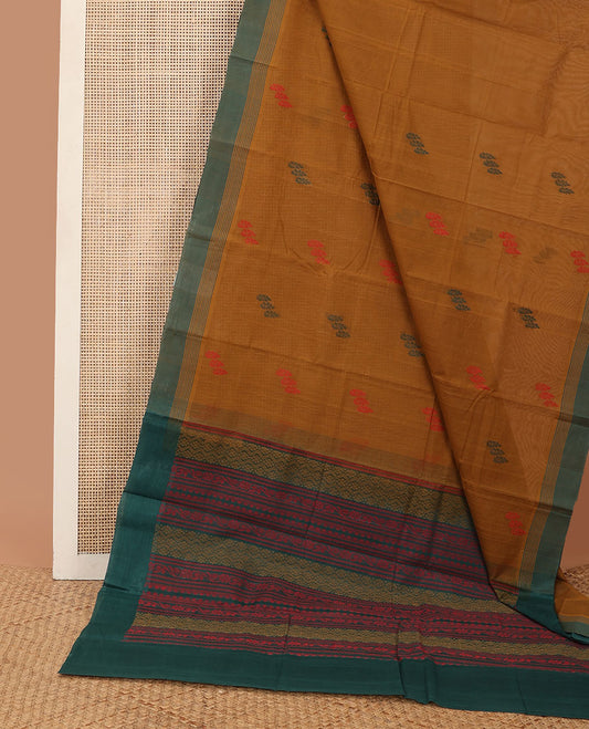Mustard unique buttas kanchi cotton saree, contrast border & pallu of floral & geometric patterns