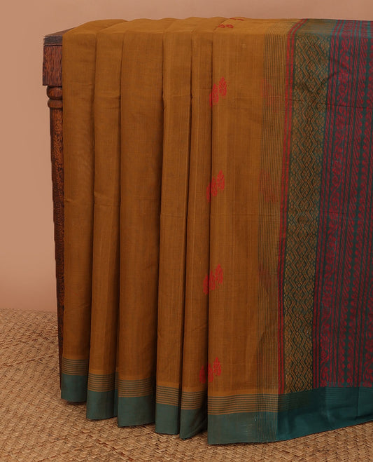 Mustard unique buttas kanchi cotton saree, contrast border & pallu of floral & geometric patterns
