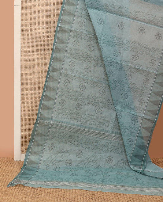 Blue striped & floral motifs printed Bengal cotton saree, temple border & printed pallu