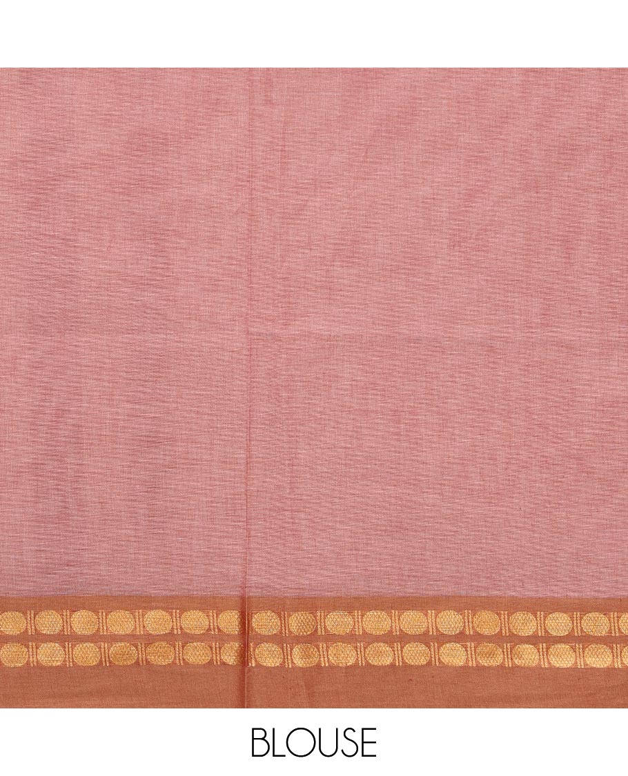 Pink traditional design Kanchi cotton saree, contrast rudraksham border, and pallu of jaal design
