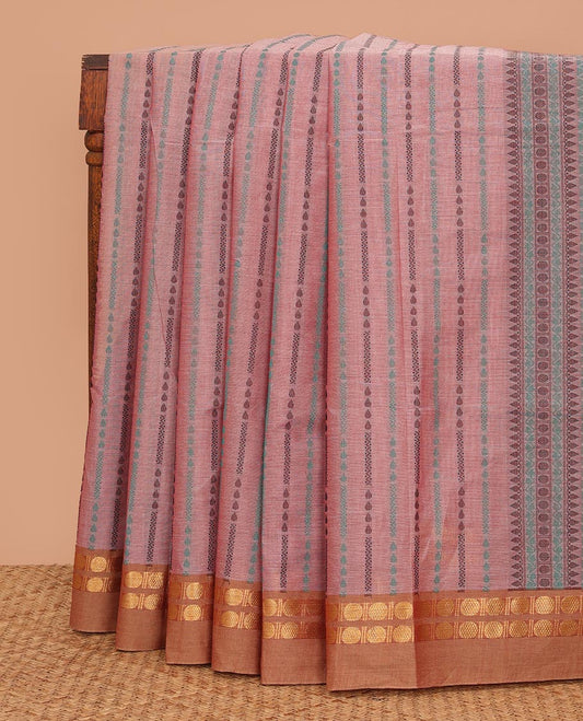 Pink traditional design Kanchi cotton saree, contrast rudraksham border, and pallu of jaal design
