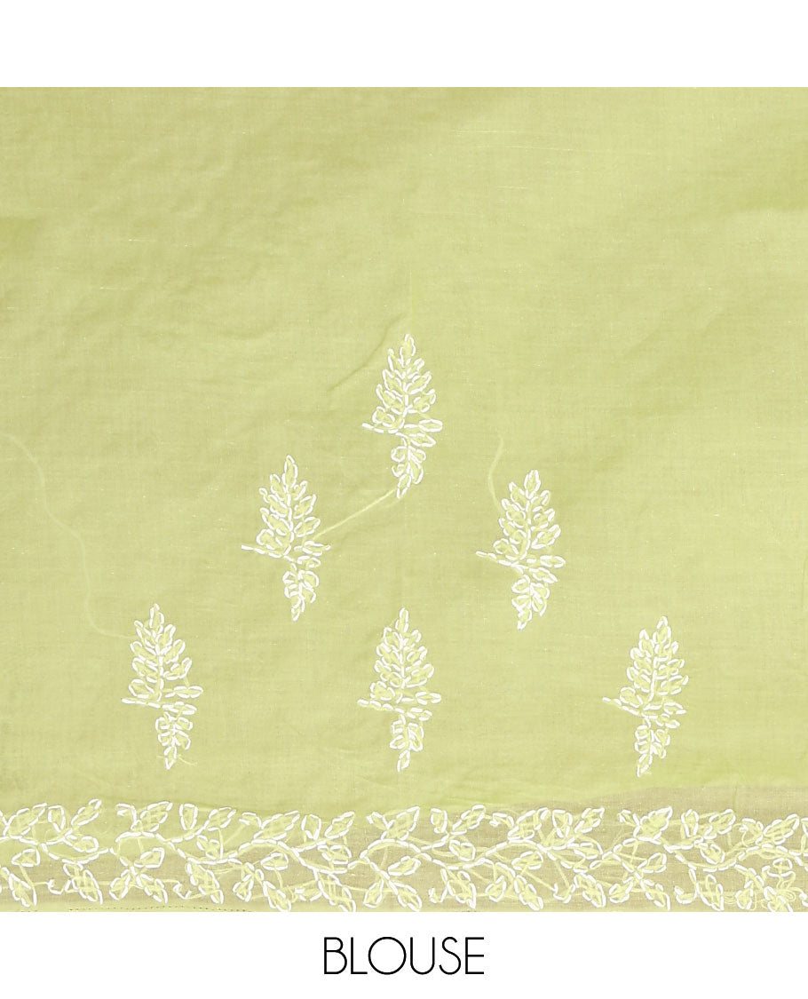 Green floral thread embroidered buttas Lucknowi chikankari saree, floral creeper thread embroidered border, and paisley embroidered pallu