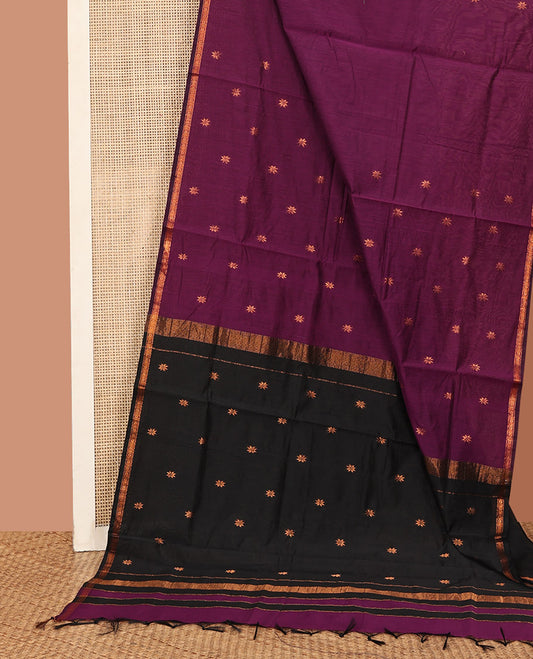 Purple Maheshwari Cotton Saree, Enthralled with Flower Buttas All Over Its Body, Subtly Woven Piping Border, Captivating Contrast Pallu Steeped with Buttas, and Paired with a Contrast Blouse
